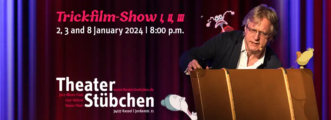 Trickfilm-Show with Thomas Stellmach, Theaterstuebchen Kassel, January 2024.