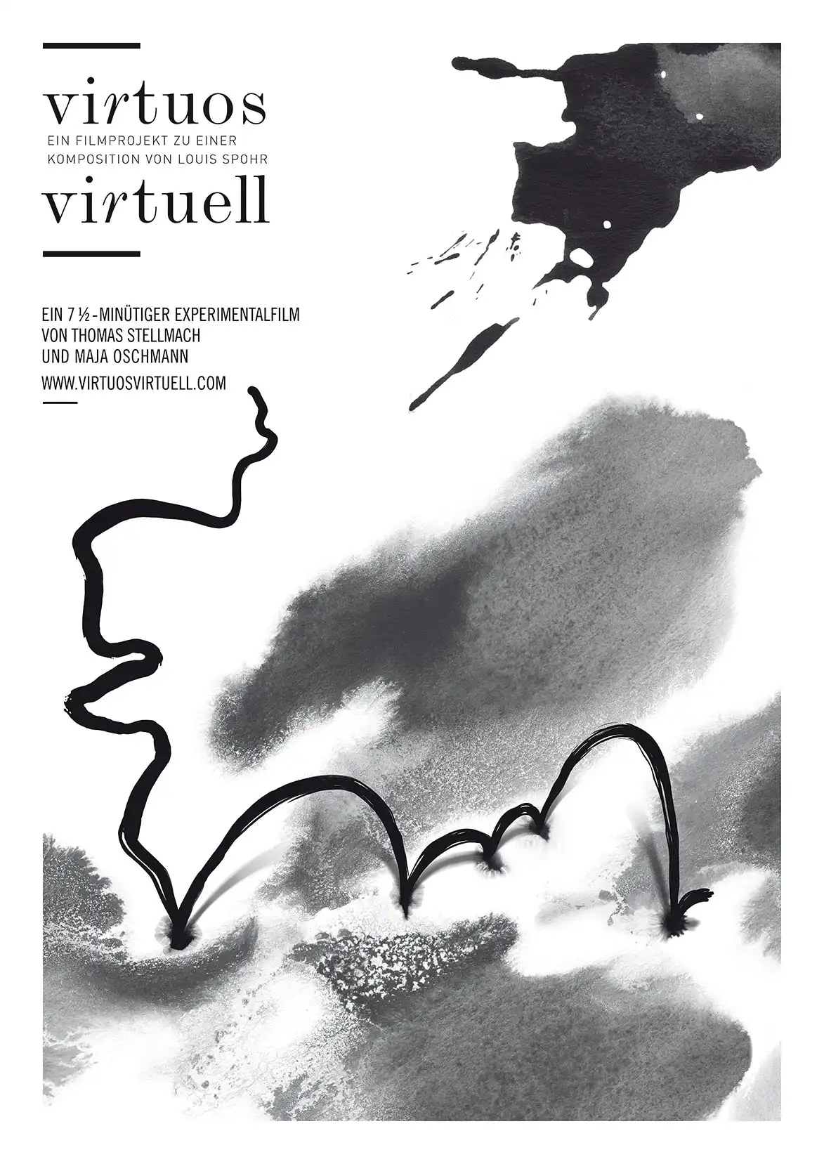 Black and white film poster for the experimental film VIRTUOSO VIRTUAL. The poster shows the title, the directors of the film Thomas Stellmach and Maja Oschmann, the link to the web page of the film and an abstract image with a black ink line jumping over puddles of black, watery ink.