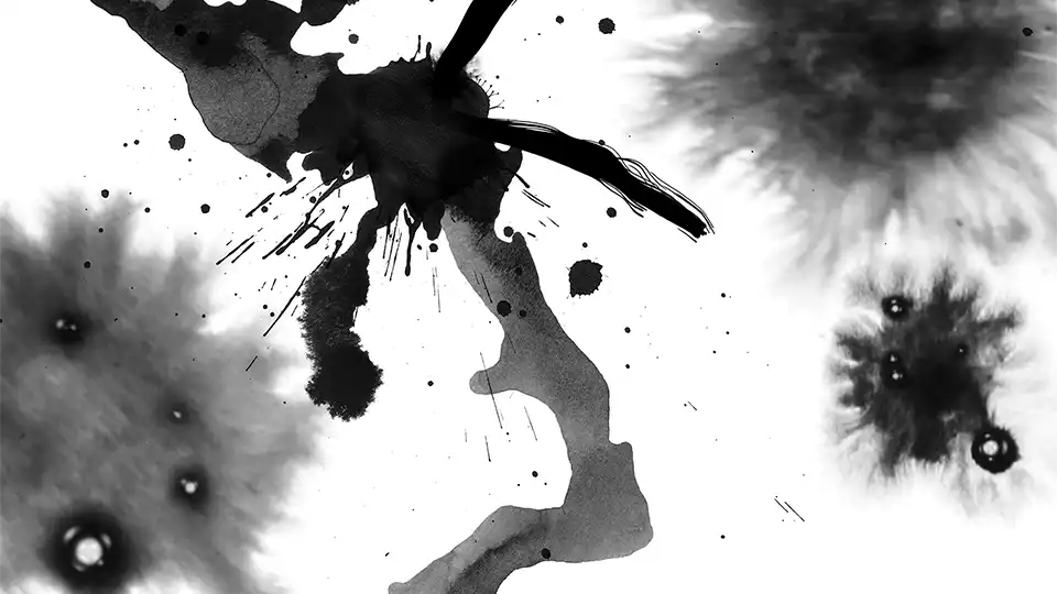 Black and white film still from the experimental film VIRTUOSO VIRTUAL. The abstract graphic image shows two black ink strokes colliding.