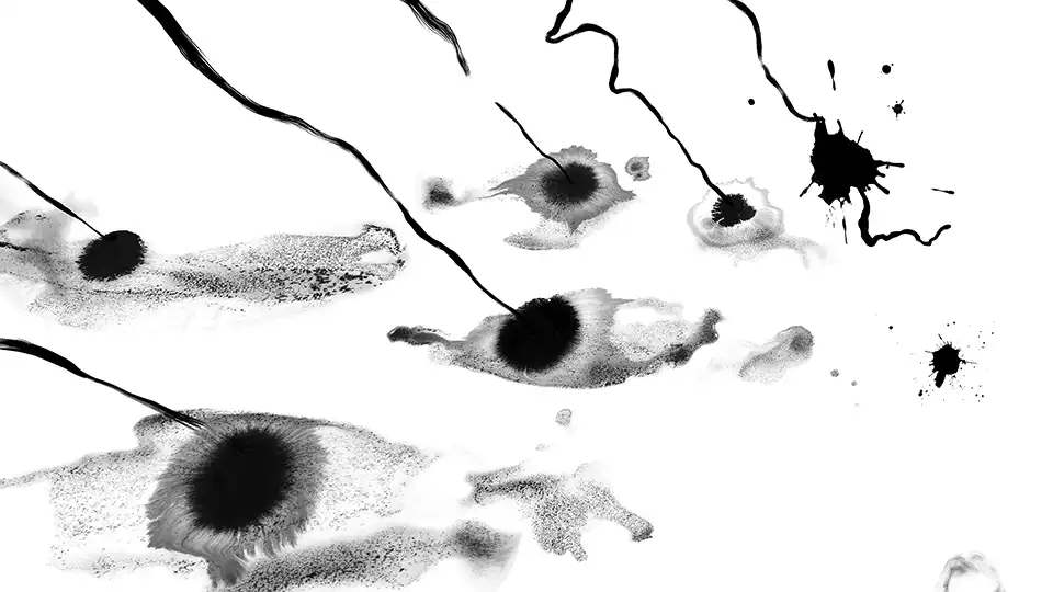 Black and white film still from the experimental film VIRTUOSO VIRTUAL. The abstract image shows six strokes of black ink splashing into an invisible white liquid and leaving behind black ink stains.
