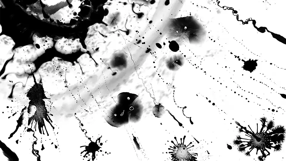 Black and white film still from the experimental film VIRTUOSO VIRTUAL. The abstract image shows various forms of splashes of black ink that look like fireworks.