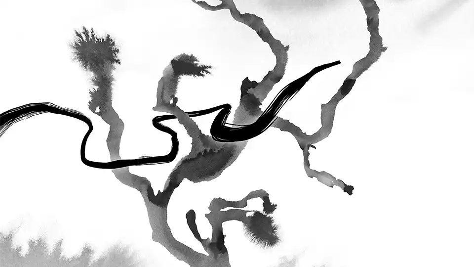 Black and white film still from the experimental film VIRTUOSO VIRTUAL. The abstract image shows a black ink line winding its way through the tufts of a tree made of black ink.