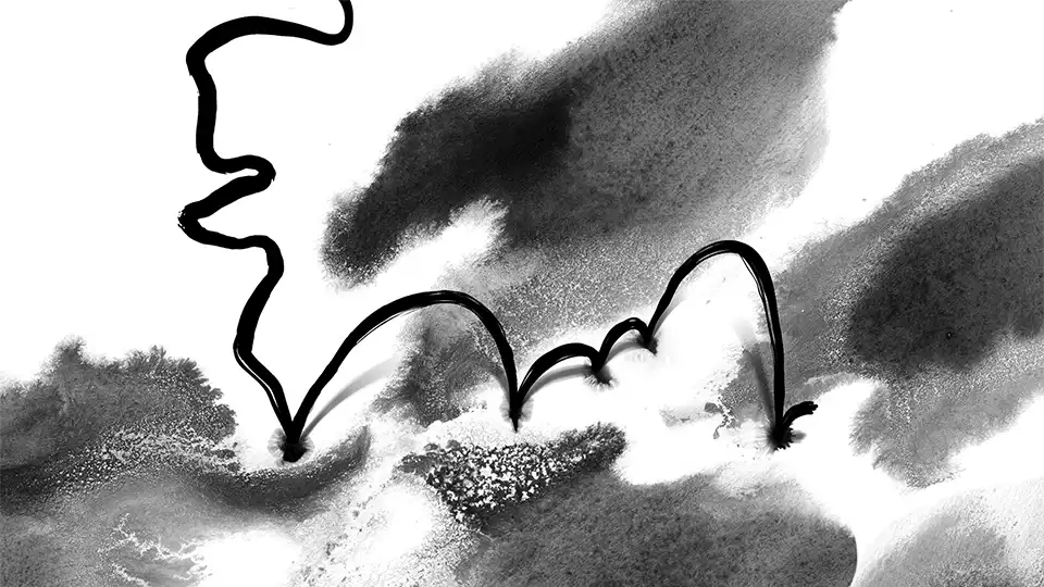 Black and white film still from the experimental film VIRTUOSO VIRTUAL. The abstract graphic image shows a black ink stroke jumping over puddles of black ink.