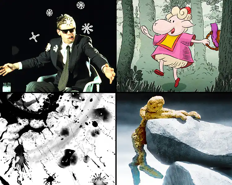 Four film stills of animated films by Thomas Stellmach.