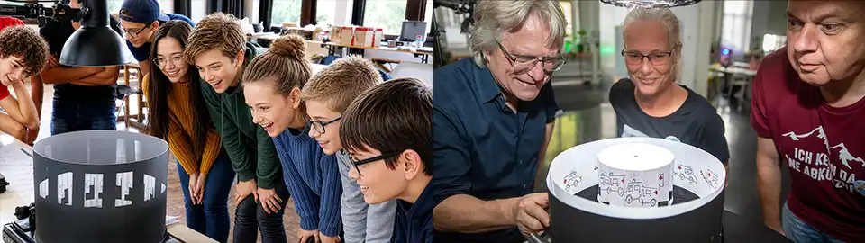 Personen versammeln sich um ein Zoetrop und ein Praxinoskop und sehen sich die Animationen an.