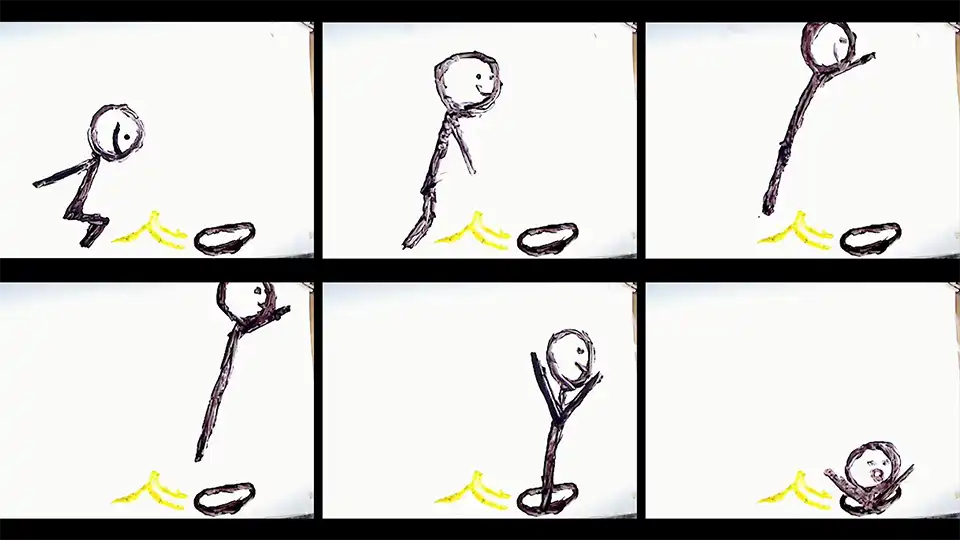 Sechs aufeinanderfolgende Einzelbilder zeigen die Bewegung einer gezeichneten Figur neben einer Bananenschale.